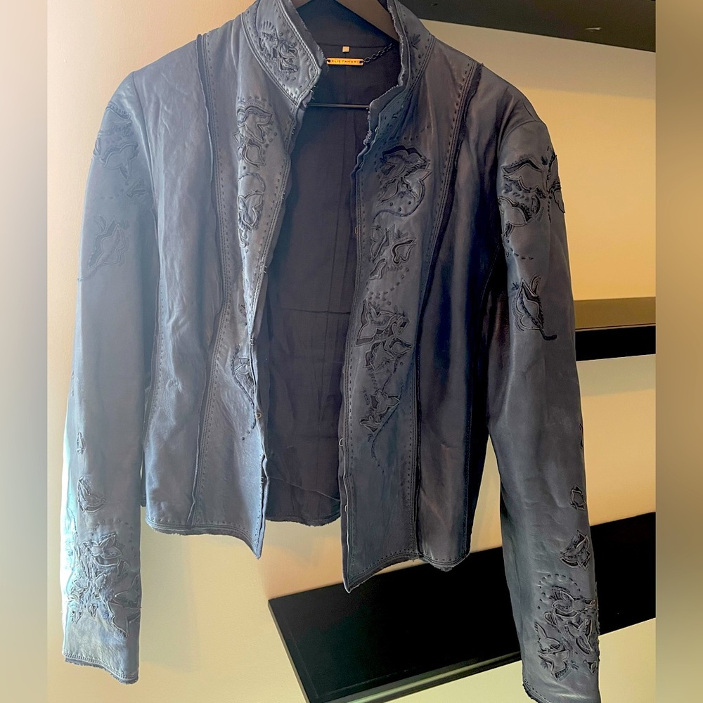 Elie Tahari Blue Detailed Leather Moto Jacket